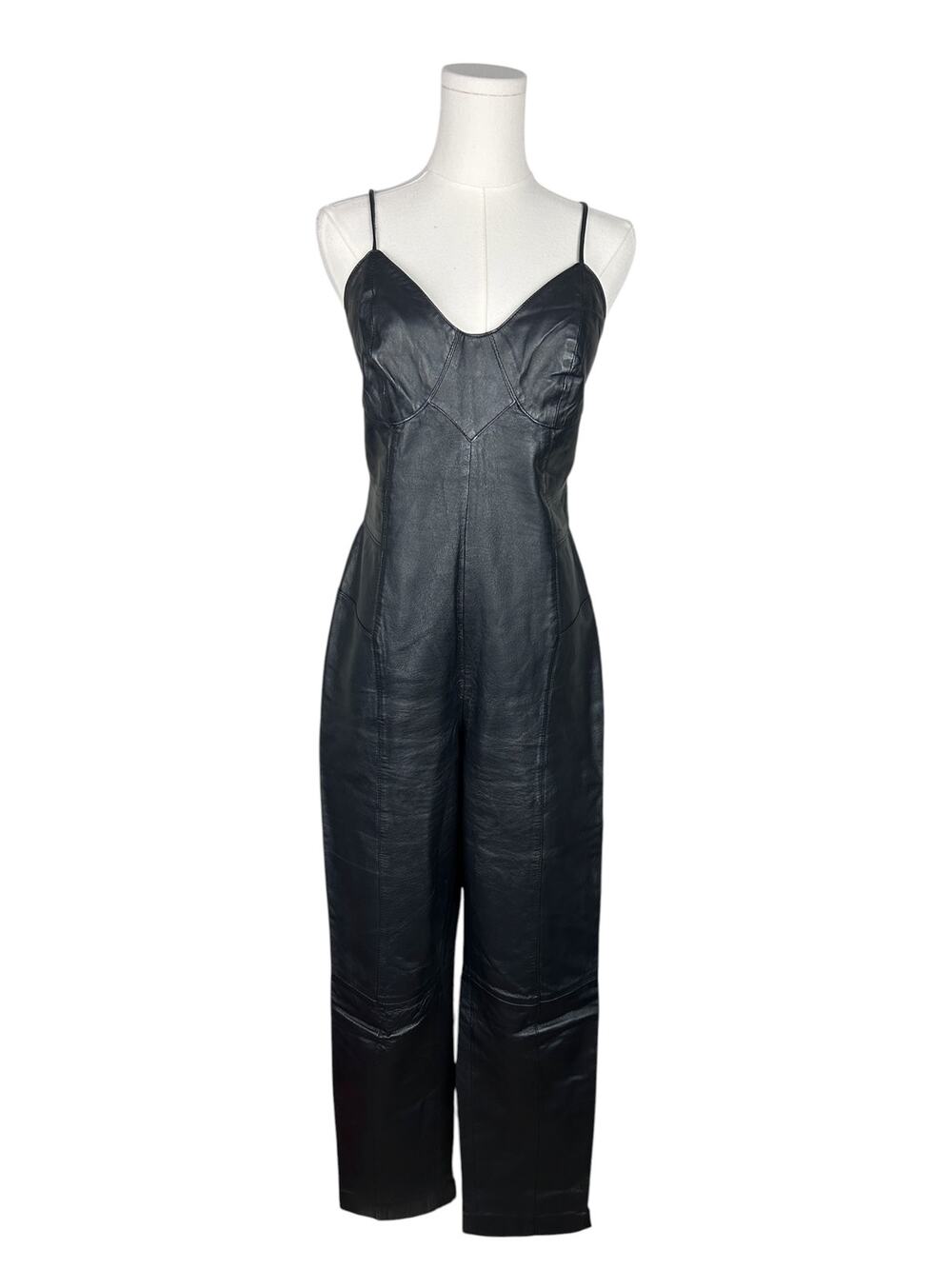 Vintage Black Leather One Piece Tie Back Shape FX Halter Sleeveless Jumpsuit L